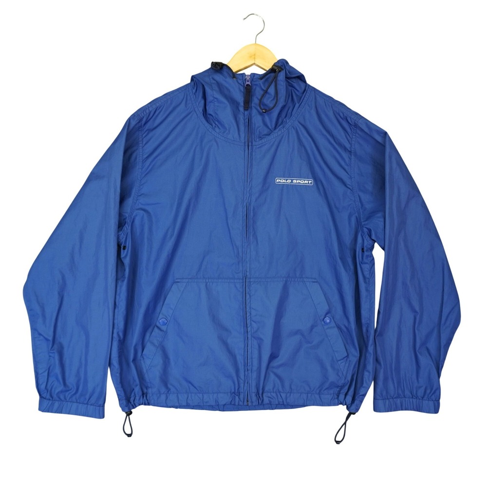Vintage Polo Sport Windbreaker Jacket Mens Medium Blue Full Zip Hooded Shell